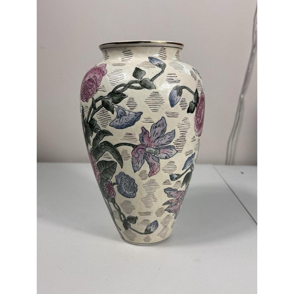 Vintage 1970s SPI Accents Collection Floral Ceramic Vase Pink Blue Flowers